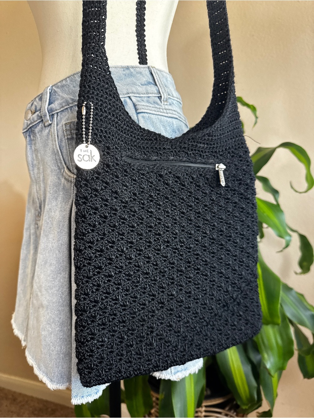 The Sak Black Crochet Shoulder Bag with Zip Pocket